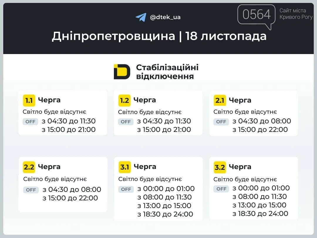 Графік відключень електроенергії на Дніпропетровщині 18 листопада